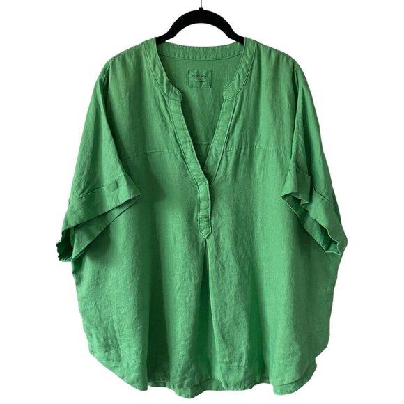 Marks & Spencer Tops - Marks & Spencer Flax Linen Pullover V-Neck Cuffed Sleeve Casual Blouse Green 16